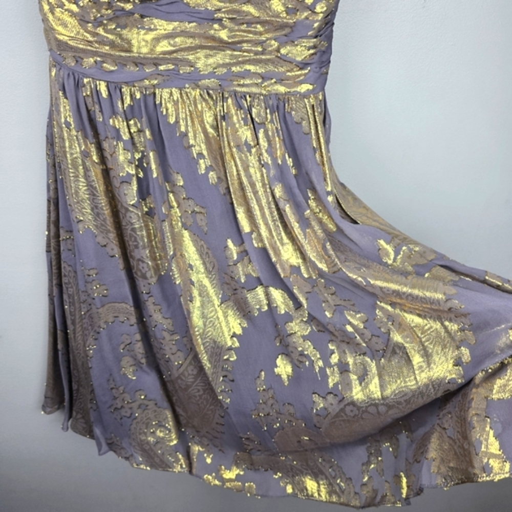 NV COUTURE Silk Mini Dress Halter Metallic Glam Gold Gray Women Size 4 Cocktail - Picture 3 of 10